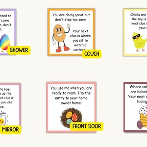 May include: A set of ten colorful cards with illustrations and text. Each card has a different location in a house, such as the shower, couch, shoe, mirror, front door, and oven. The text on each card is a riddle about the location.
