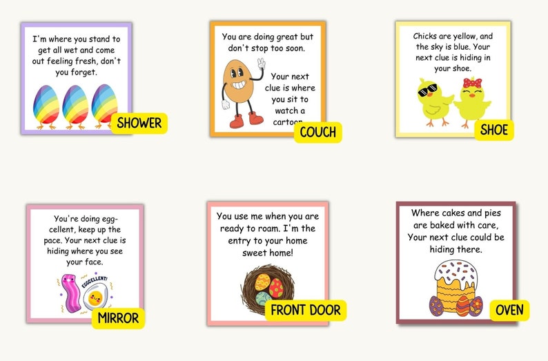 May include: A set of ten colorful cards with illustrations and text. Each card has a different location in a house, such as the shower, couch, shoe, mirror, front door, and oven. The text on each card is a riddle about the location.