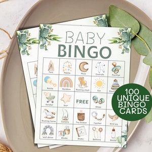 100 cartes de bingo préremplies pour baby shower, verdure de bingo-bébé, jeux de baby shower neutres en matière de genre, bingo cadeau de baby shower imprimable, activités