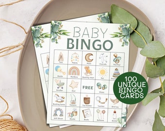 100 Prefilled Baby Shower Bingo Cards, Baby Bingo Greenery, Gender Neutral  Baby Shower Games, Printable Baby Shower Gift Bingo, Activities