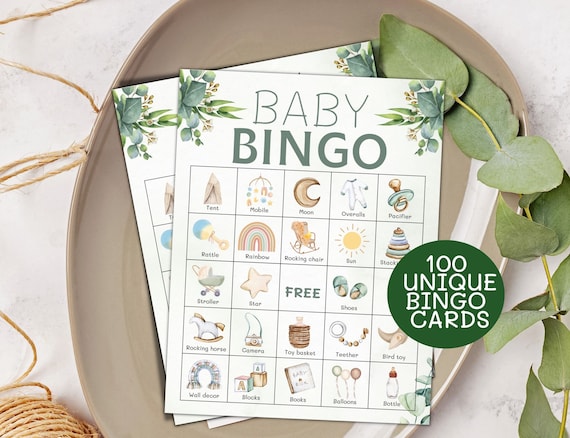 100 Prefilled Baby Shower Bingo Cards, Baby Bingo Greenery, Gender Neutral  Baby Shower Games, Printable Baby Shower Gift Bingo, Activities