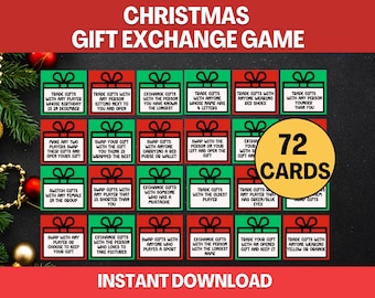 May include: A Christmas Gift Exchange Game with 72 cards. The game features red and green gift box graphics with various exchange prompts. Text includes "Christmas Gift Exchange Game" and "Instant Download."