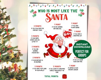 May include: A Christmas-themed game titled "Who Is Most Like The Santa" with a cartoon Santa illustration. The game includes point-based questions and is labeled "Instant Download, Perfect for Groups."