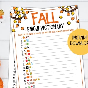 Fall Emoji Pictionary Game, Autumn Fall Party Games, Fall Time Activities For Kids & Adults, Printable Fall Thanksgiving Picture Trivia Game