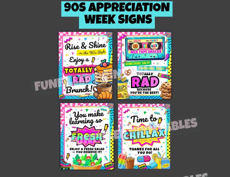 90s Teacher Appreciation Week Sign Bundle, Retro 90s Theme Staff ...
