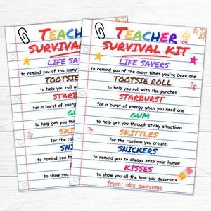 Teacher survival kit printable tag, teacher tag, Back to school gift, Teacher thank you appreciation, End of year, Christmas gift basket tag