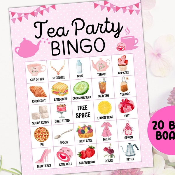 20 Tea Party Bingo Cards, Tea Party Games, Afternoon Tea Party Bingo Game, Par tea games, Birthday Tea Party, Shower Tea Party Game