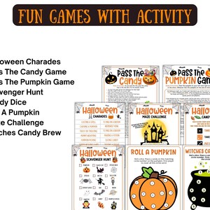 May include: A set of Halloween activity game cards featuring various games. The cards include games such as charades, scavenger hunts, and dice games. The banner at the top says "FUN GAMES WITH ACTIVITY". The games are designed with Halloween graphics.