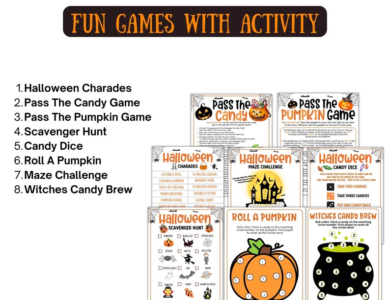 May include: A set of Halloween activity game cards featuring various games. The cards include games such as charades, scavenger hunts, and dice games. The banner at the top says "FUN GAMES WITH ACTIVITY". The games are designed with Halloween graphics.