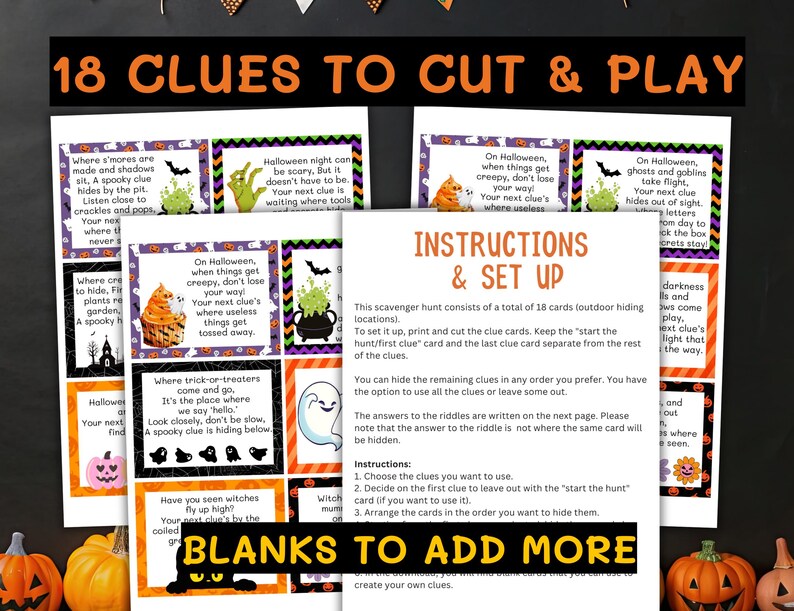 May include: Halloween-themed scavenger hunt game with 18 clues to cut and play. The game includes instructions and blank cards to add more clues. The cards feature spooky graphics and riddles for a fun Halloween activity.