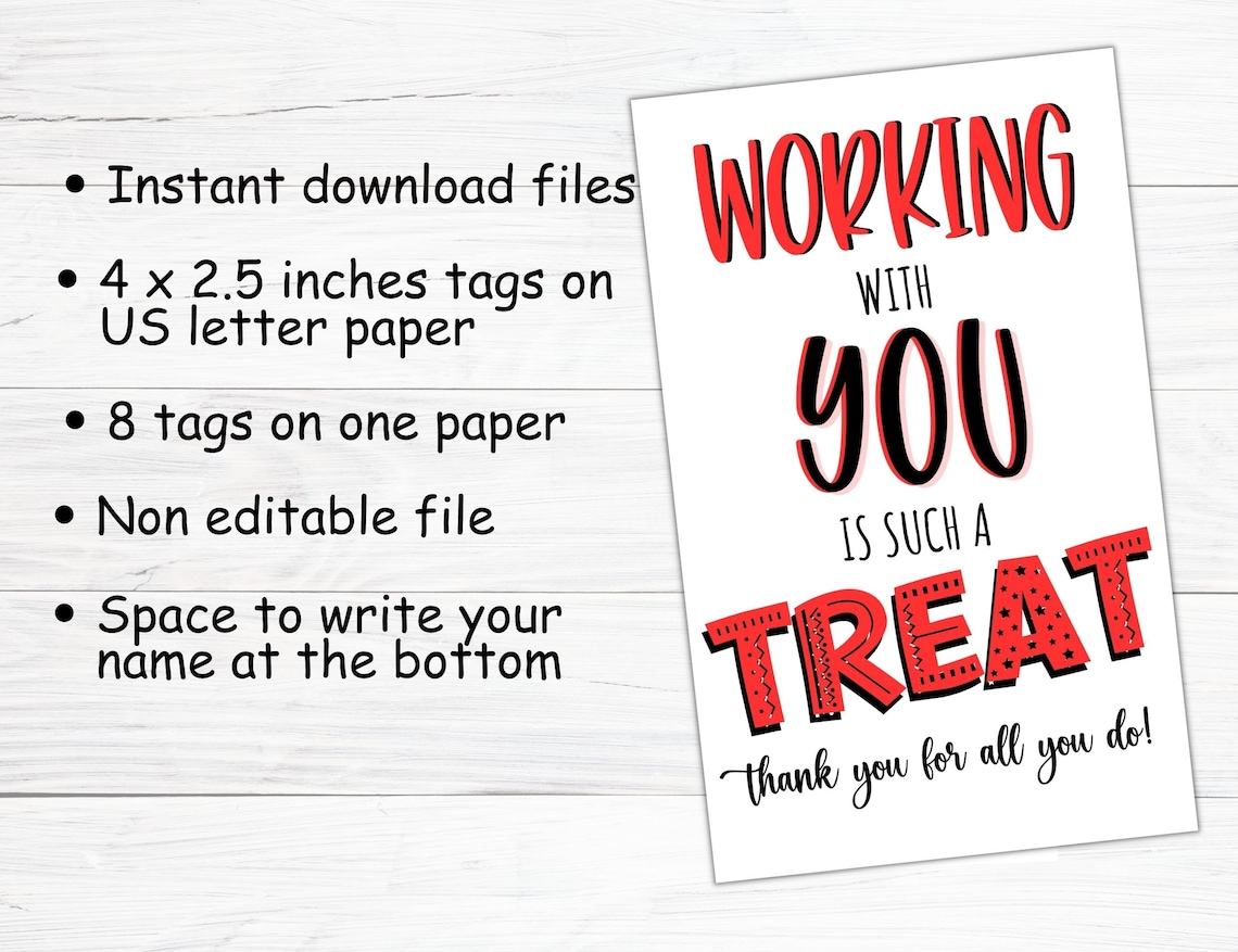 Employee Appreciation Tag, Treat Working With You Treat Tag, Thank You ...
