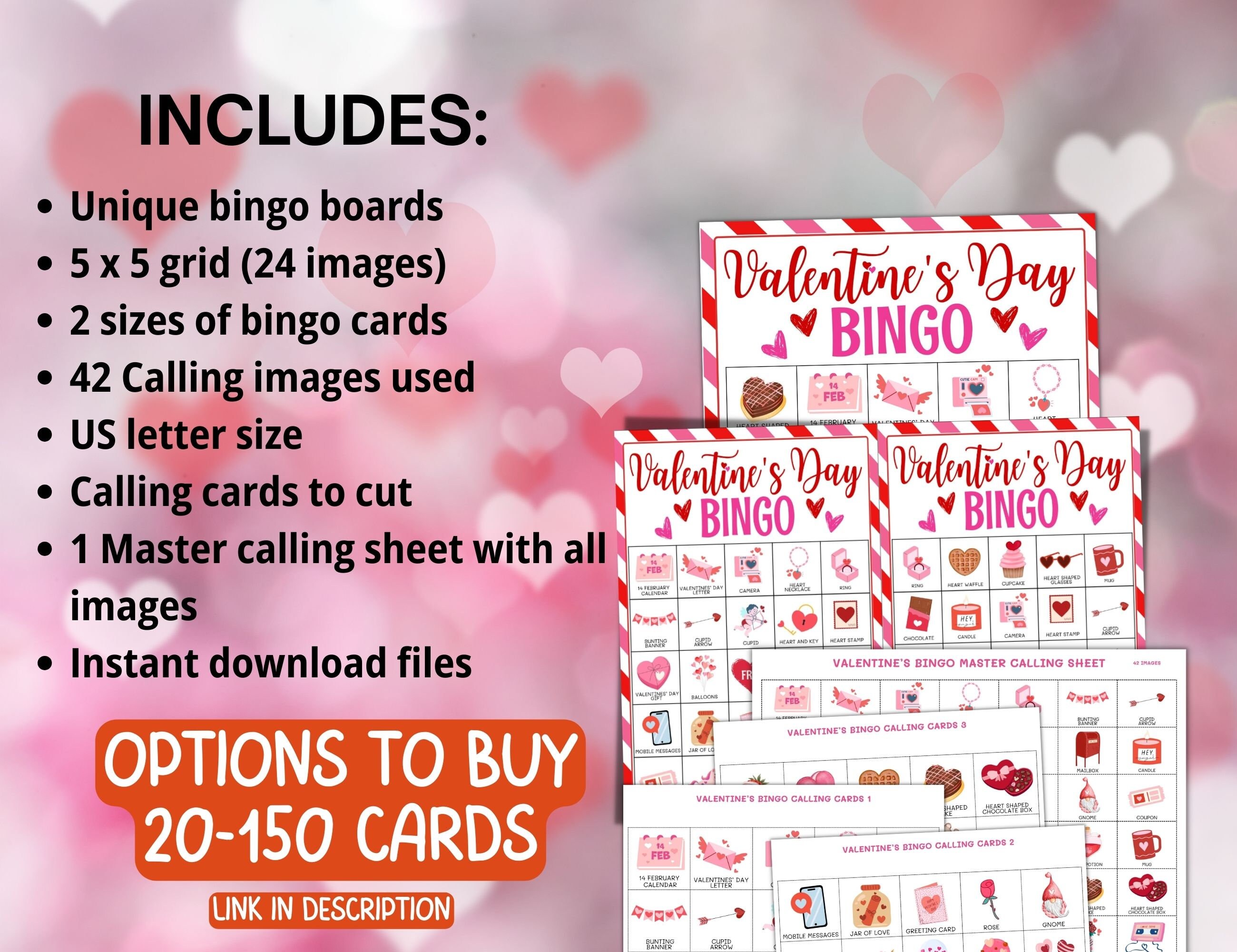 50 Valentines Bingo Cards, Printable Valentines Day Game for Kids ...