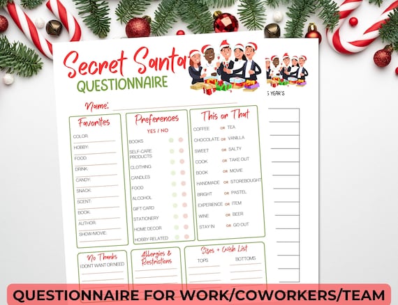 Secret Santa Questionnaire For Coworkers, Secret Santa Form, Work Christmas Secret Santa Gift Exchange, Secret Santa Wish List, Office Party