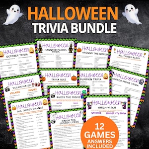 May include: A Halloween trivia bundle with 12 games, including categories like "October Trivia," "Haunted Places," and "Horror Movie Trivia." The cards have a black background with orange, green, and purple accents, and feature ghost and pumpkin illustrations.