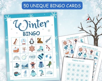 Winter Bingo Game, 50 Winter Bingo Cards, Kids Winter Activity Party games, Winter Wonderland, Winter Printables, Classroom bingo printable