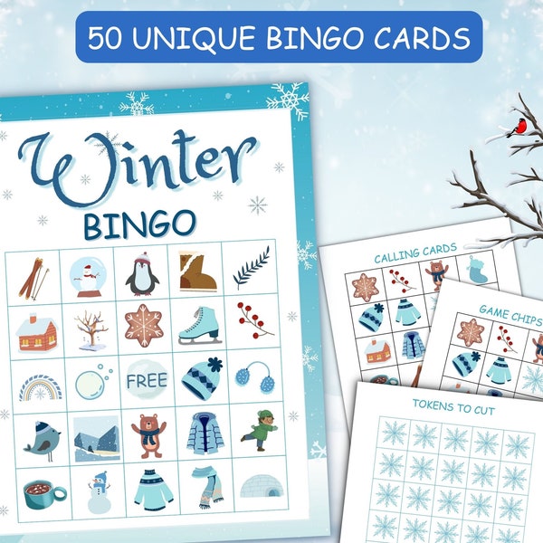 Winter Bingo Game, 50 Winter Bingo Cards, Kids Winter Activity Party games, Winter Wonderland, Winter Printables, Classroom bingo printable