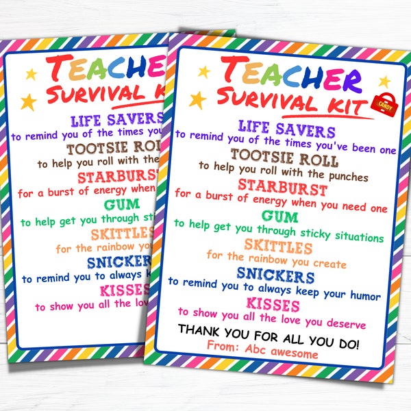 Teacher survival kit printable teacher gift tag, Back to school, Teacher thank you appreciation gift, End of year, Christmas gift basket tag