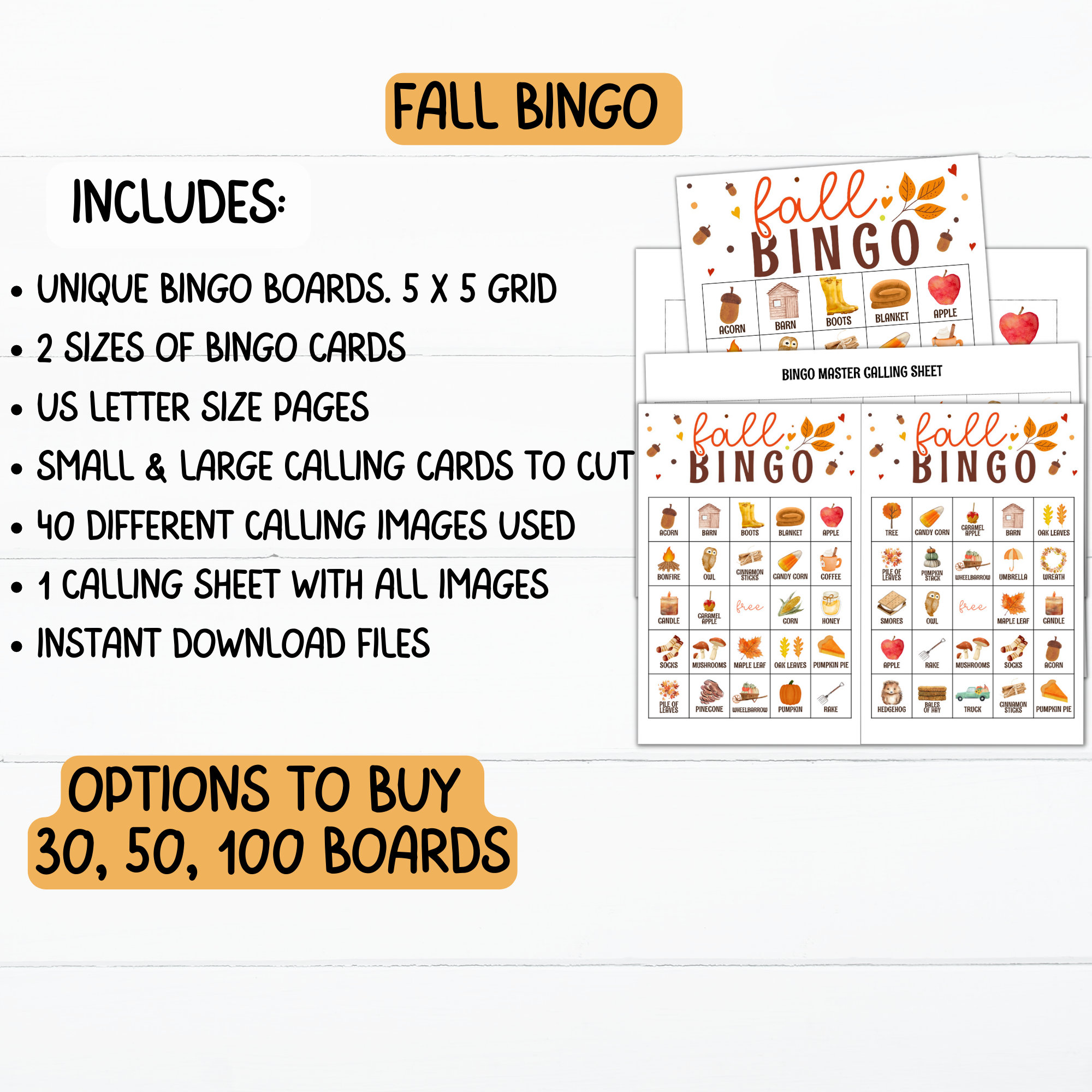 50 Fall Bingo Cards, Autumn Bingo Game, Printable Fall Party