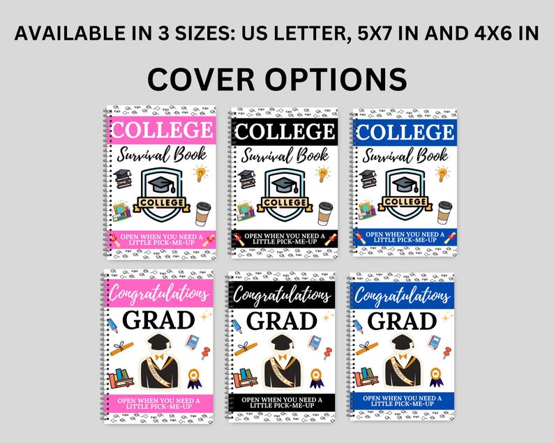 Op de afbeelding: Spiraalgebonden notitieboeken met kleurrijke covers. De bovenste rij toont ontwerpen van "College Survival Book" in roze, zwart en blauw. De onderste rij toont "Congratulations GRAD" ontwerpen in roze, zwart en blauw. Elk notitieboek bevat illustraties en tekst.