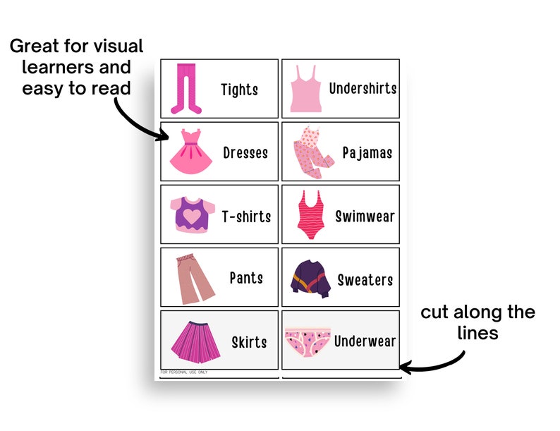 May include: A printable set of flashcards featuring illustrations of different types of clothing for girls, including tights, dresses, t-shirts, trousers, skirts, and underwear. The text "Great for visual learners and easy to read" is at the top of the page. The text "cut along the lines" is at the bottom of the page.