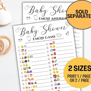 May include: Baby shower emoji game printables with the text "Baby Shower Emoji Game". The game sheets are white with black text and feature various emojis. A pair of white baby shoes and a wooden teether are in the image.