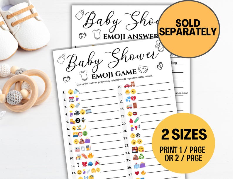 May include: Baby shower emoji game printables with the text "Baby Shower Emoji Game". The game sheets are white with black text and feature various emojis. A pair of white baby shoes and a wooden teether are in the image.