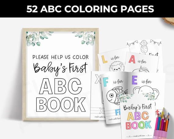 ABC Baby Shower Coloring Book, Baby's First ABC Book, Baby Alphabet Book, Eucalyptus Greenery Baby Shower Activity/ Game / Coloring Pages