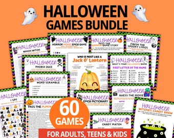 Halloween Games Printable, Party Games For Adults Teens, 60 Halloween Games Bundle, Halloween Kids Games Activities, Emoji Pass The Pumpkin