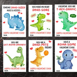 May include: Six printable Valentine's Day cards featuring cute cartoon dinosaurs with puns. The cards are white with red hearts and text. The dinosaurs are green, blue, and orange.