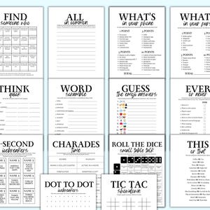 May include: A set of printable party game cards with black text on a white background. The games include "Find Someone Who", "All in Common", "What's in Your Phone", "What's in Your Purse", "Think Quick", "Word Scramble", "Guess the Emoji Answers", "Ever or Never", "5-Second Icebreakers", "Charades", "Roll the Dice Small Table Talk", "This or That", "Dot to Dot Icebreakers", and "Tic Tac Showdown".