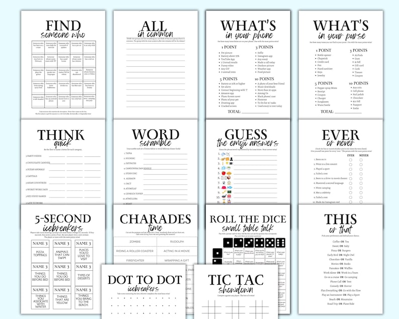 May include: A set of printable party game cards with black text on a white background. The games include "Find Someone Who", "All in Common", "What's in Your Phone", "What's in Your Purse", "Think Quick", "Word Scramble", "Guess the Emoji Answers", "Ever or Never", "5-Second Icebreakers", "Charades", "Roll the Dice Small Table Talk", "This or That", "Dot to Dot Icebreakers", and "Tic Tac Showdown".