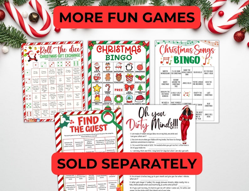Pu&ograve; includere: Un set di giochi di festa di Natale stampabili. I giochi includono "Roll the Dice Christmas Gift Exchange", "Christmas Bingo", "Christmas Songs Bingo", "Find the Guest" e "Oh You Dirty Minds!!!". I giochi sono stampati su carta bianca con bordi rossi e verdi e presentano illustrazioni festive.