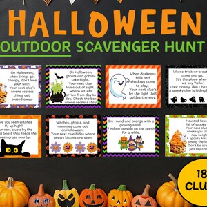 May include: A Halloween-themed outdoor scavenger hunt set with 18 clues. The design features orange text and decorative borders, with illustrations of pumpkins, ghosts, and witches. The clues are printed on colorful cards.