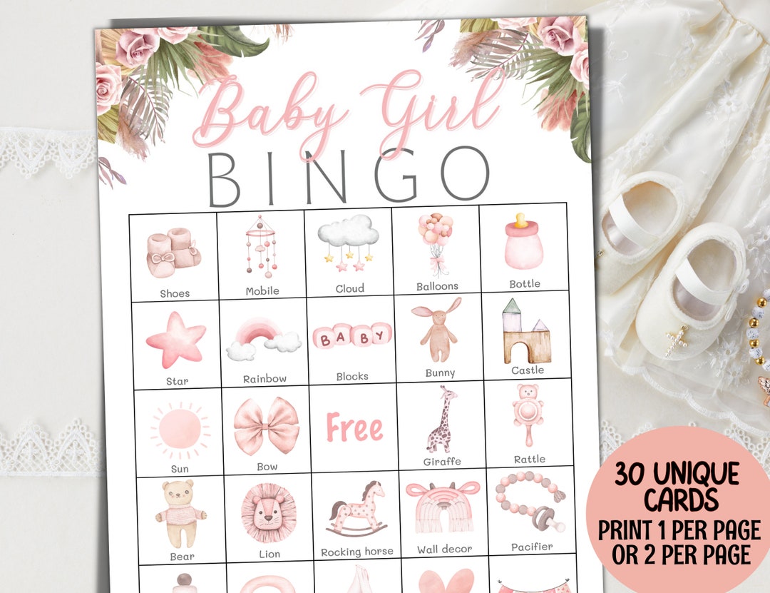 Girl Baby Bingo, Baby Girl Shower Bingo Game, 30 Prefilled Pink Floral ...
