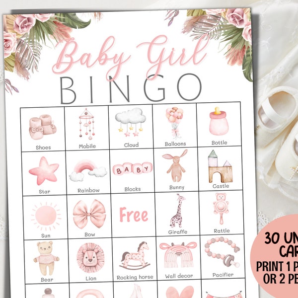 Girl Baby Bingo, Baby Girl Shower Bingo Game, 30 Prefilled Pink Floral Bingo Cards, Its A Girl Baby Shower Party Games, Baby Gift Bingo