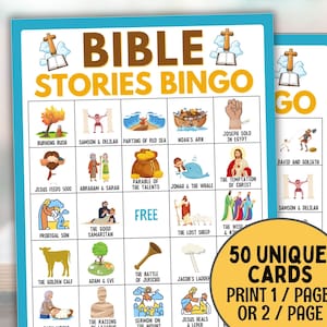 Bingo biblique, jeux bibliques pour enfants étude de la Bible, cartes de bingo 50 histoires bibliques, jeux chrétiens de l'école du dimanche, activité biblique bingo à l'église