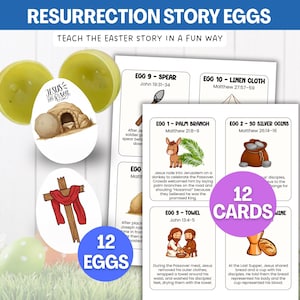 May include: A set of Resurrection Story Eggs with 12 cards, teaching the Easter story. The image shows yellow plastic eggs, illustrated cards, and the text "RESURRECTION STORY EGGS". The cards depict scenes from the Bible.