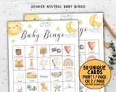 50 Baby Shower Bingo Cards, Gender Neutral Baby Shower Game Activity, Printable Baby Bingo, Bingo, Star Moon Sun All Season Baby Bingo Game