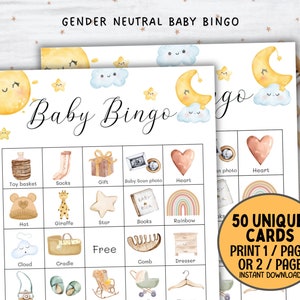 50 cartes de bingo pour baby shower, activité de jeu baby shower neutre en matière de genre, bingo bébé imprimable, bingo prérempli, étoile lune soleil toute la saison