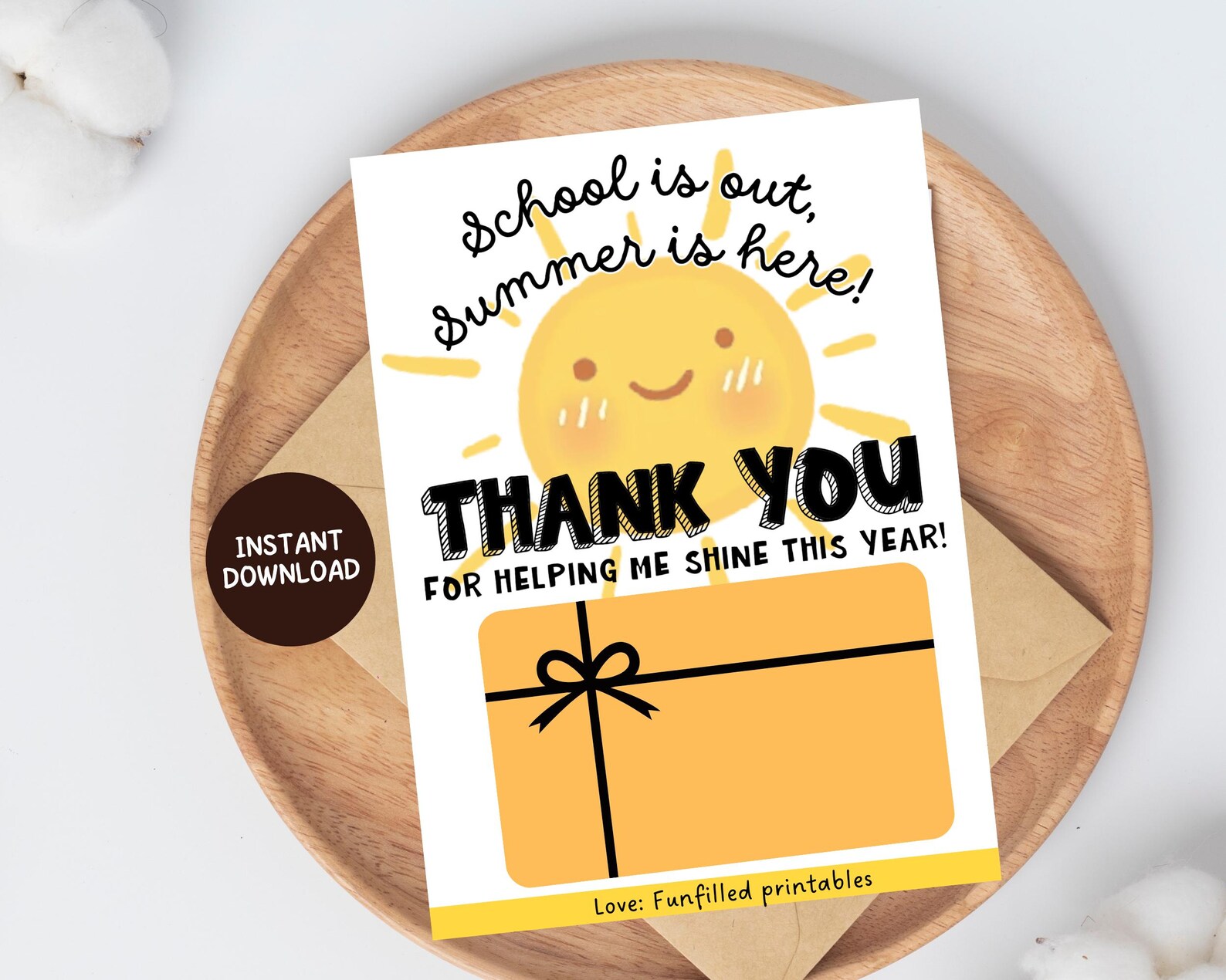 End of Year Teacher Gift Card Holder Printable Thank You Teacher Summer ...