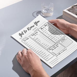 May include: A black and white printable "Get to Know You" questionnaire with sections for name, t-shirt size, birthday, allergies, favorites, preferences, and "This or That".