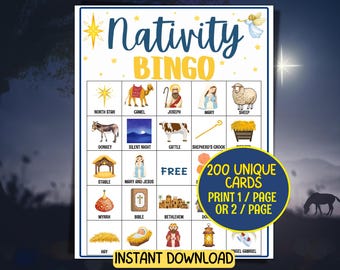 May include: A colorful Nativity Bingo game card with illustrations of biblical figures and symbols. The card features the text "Nativity Bingo" in blue and yellow, with the words "200 Unique Cards" and "Instant Download".