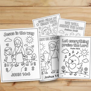 May include: A selection of black and white colouring pages with religious themes. The pages feature illustrations of Jesus with children, a singing bird, and inspirational quotes such as "Jesus is the way" and "Let everything praise the Lord."