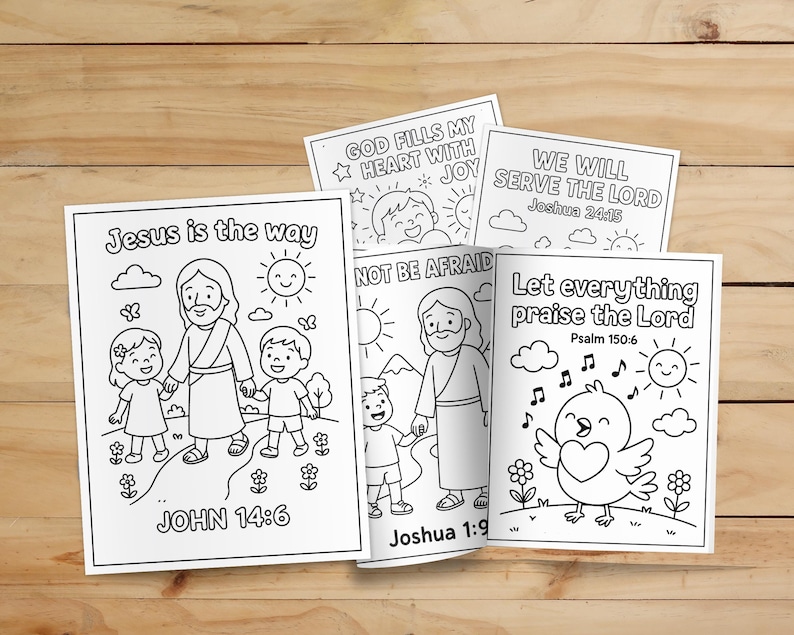 May include: A selection of black and white colouring pages with religious themes. The pages feature illustrations of Jesus with children, a singing bird, and inspirational quotes such as "Jesus is the way" and "Let everything praise the Lord."