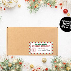 May include: A brown cardboard box with a Santa Mail Special Delivery label. The label has red and green stripes and text that reads "Santa Mail Special Delivery" and "For: Logan" and "From: Santa Claus". The image also includes Christmas decorations.