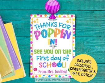 Back To School Lollipop Tag, First Day of School Gift, Thanks for Popping In Meet The Teacher Student Gift, Lollipop Holder Classroom Favors