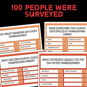 May include: A black background with the text "100 PEOPLE WERE SURVEYED" in red. Below are four cards with Thanksgiving-themed survey questions and answer options. The cards are white with orange borders and text.