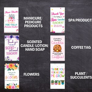 May include: A collection of gift tags with various designs and text. Themes include manicure/pedicure products, spa products, scented candles/lotions, coffee, flowers, and plants. Each tag features colorful illustrations and playful fonts.