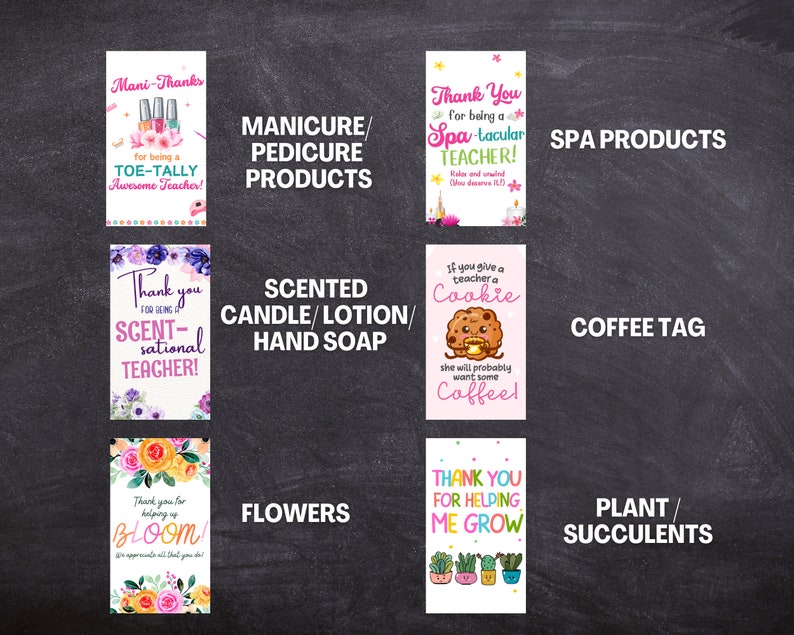 May include: A collection of gift tags with various designs and text. Themes include manicure/pedicure products, spa products, scented candles/lotions, coffee, flowers, and plants. Each tag features colorful illustrations and playful fonts.