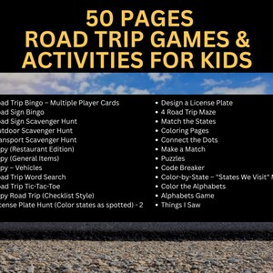 May include: A black graphic with the text "50 PAGES ROAD TRIP GAMES & ACTIVITIES FOR KIDS." The image lists various road trip games and activities, including bingo, scavenger hunts, I Spy, mazes, and coloring pages, perfect for keeping kids entertained on the road.